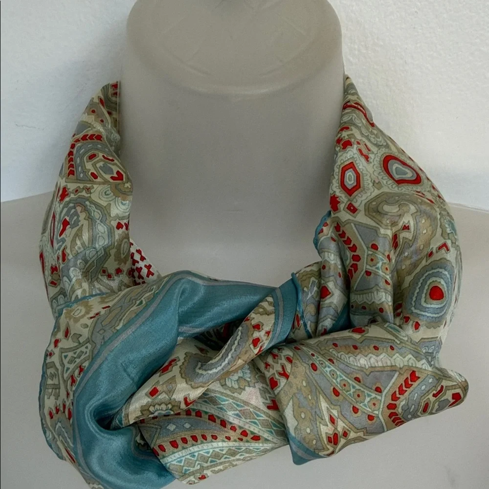 Vintage 100% Silk Paisley Scarf - Blue & Crimson - Hand Rolled Edges - Picture 10 of 13